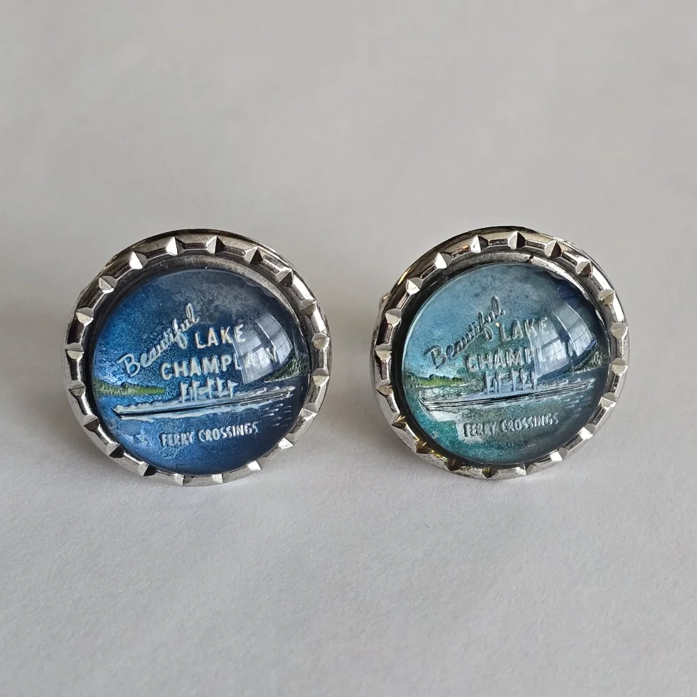 Vintage cuff links Lake Champlain Ferry Crossings silver tone bubble dome